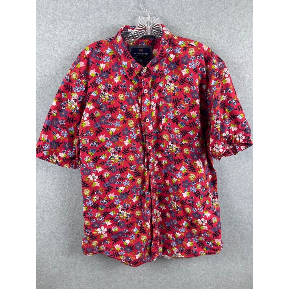 Nickel & Iron Shirt Men's 2XL‎ Red Floral Print Short Sleeve Button Up Colorful